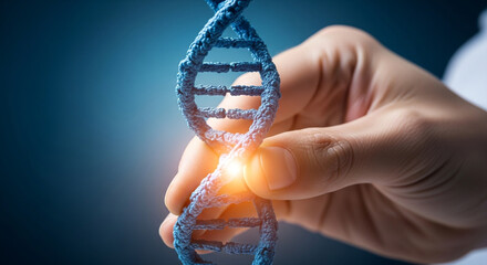 A closeup of a hand delicately touching a glowing blue dna helix structure, symbolizing scientific research and genetic discovery
