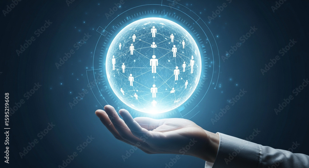 Poster a hand cradles a luminous digital globe composed of interconnected human figures, symbolizing global
