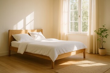 Fototapeta premium Serene Scandinavian bedroom featuring minimalist white bed with plush light-colored pillows in clean Nordic design aesthetic