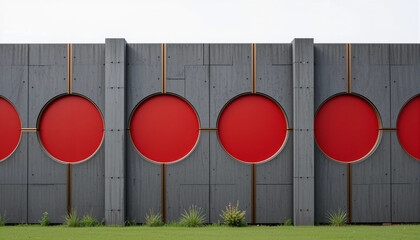 Modern gray wall with circular red accents and green grass in front, copy space