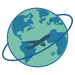 Plane Flying Around Globe in Minimalist Flat Design Style