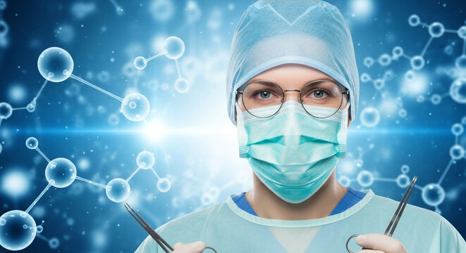 A focused surgeon wearing a mask and glasses holds surgical instruments, with molecular structures in the background