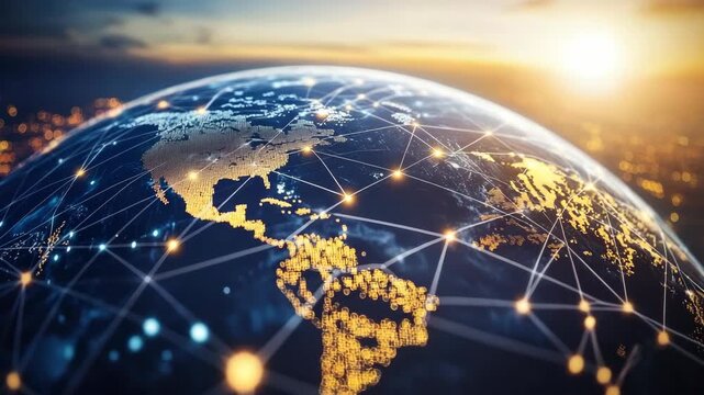 Earth with network connections, glowing lines representing communications