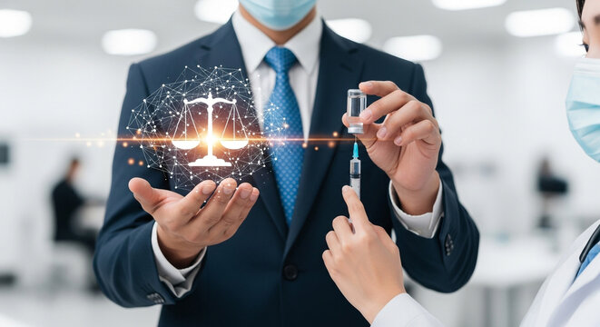 A doctor and a lawyer hold a vial and syringe, symbolizing the intersection of law and medicine