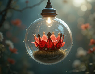 Delicate glass orb featuring a red crown flower resting on a bed of moss, illuminated by a pendant light

