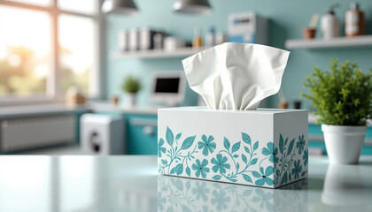 Close-up of a tissue box with floral design on kitchen countertop  