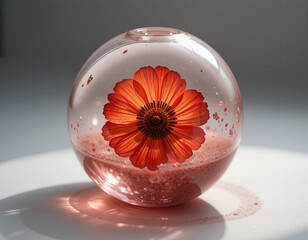 Red flower in a glass orb with a serene background and soft light, copy space