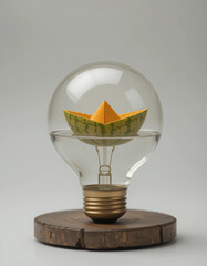Creative light bulb with a yellow paper lotus inside and wooden base, copy space