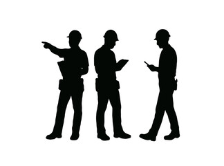 Three construction workers in silhouette collaborating on a project isolated on transparent background