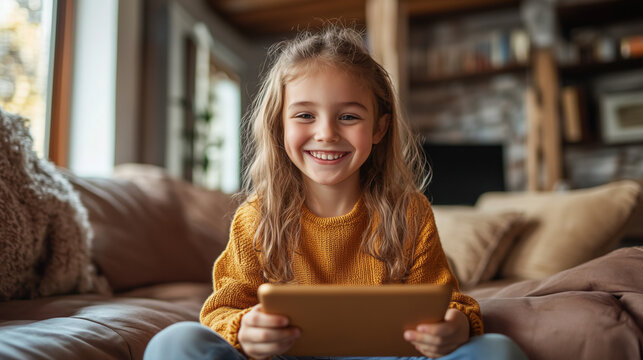 children smiling while using a tablet for online learning at home