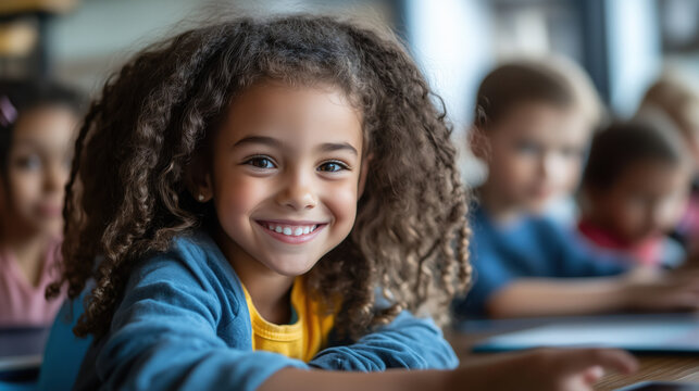 children smiling while using a tablet for online learning at home