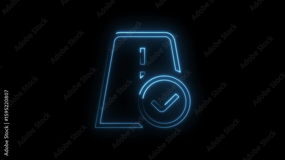 Poster glowing neon blue checkmark icon inside a rounded square frame with an exclamation mark symbol abstr