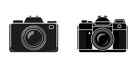 Camera icons set in black filled and stroke line style, Camera dslr silhouette set vector design big pack of illustration and icon, Vintage camera silhouette set with different angles black vector.