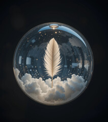Feather ascending from clouds inside a glass orb on a dark background, copy space
