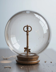 Vintage key enclosed in a glass orb on a wooden surface with soft light, copy space