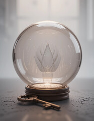 Stylized flower inside a glass orb with a vintage key nearby, soft ambiance, copy space