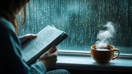 A rainy day setting with a student reading near a window. Raindrops streak down the glass, and a steaming cup of tea rests on the windowsill.