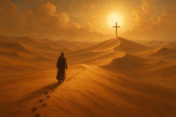 Spiritual journey scene showing faithful person walking through desert following divine guidance with religious symbolism
