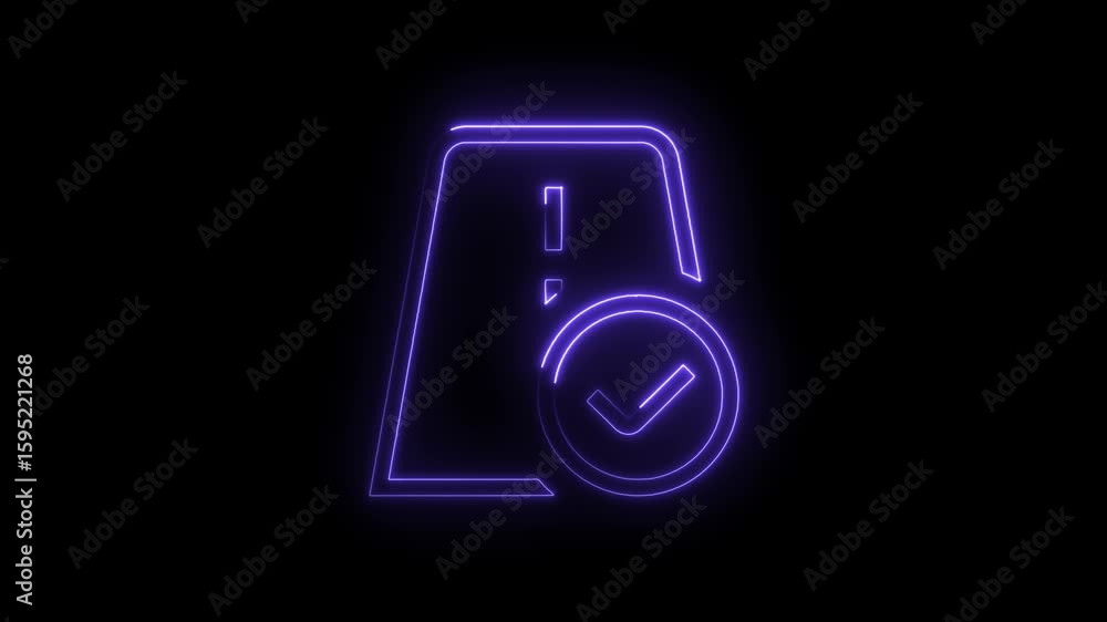 Poster glowing neon purple checkmark icon with exclamation mark inside a rounded square on a black backgrou