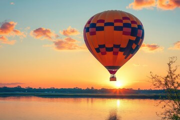 Fototapeta premium Hot air balloon rises over calm water during sunset in a colorful sky