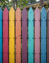Colorful wooden fence with vibrant planks in pastel shades, copy space