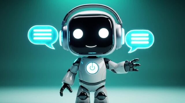 Smiling AI Chatbot with Headphones Speech Bubbles - Tech Support Customer Service Concept