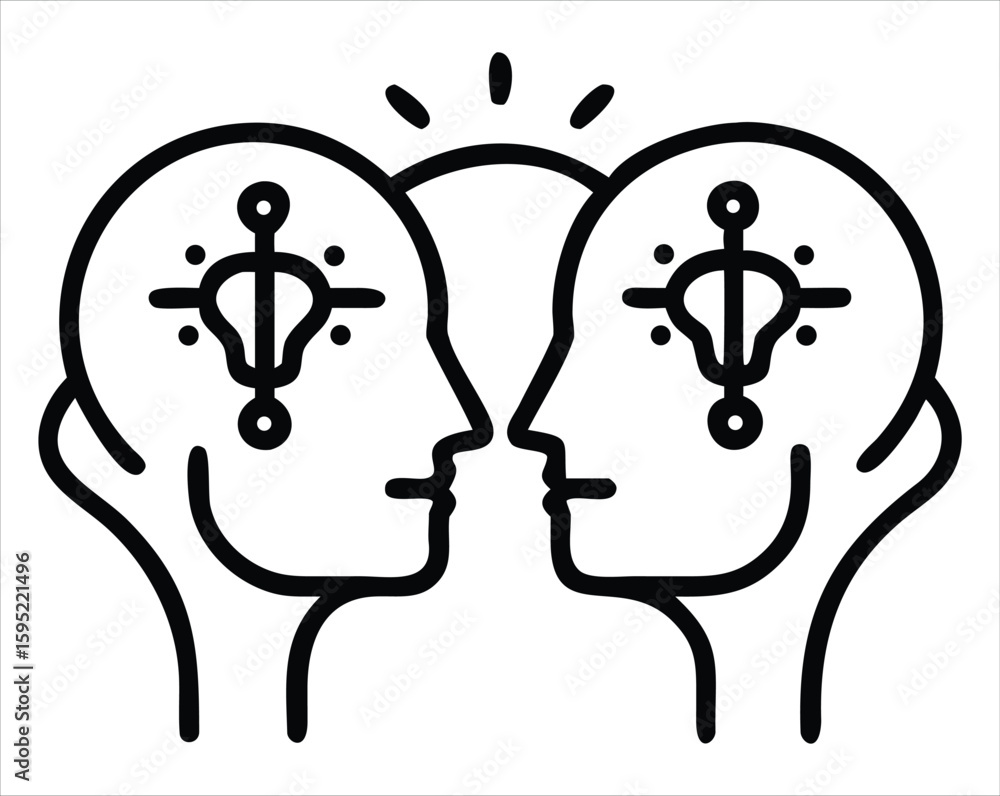 Poster two heads in silhouette with abstract symbols inside representing shared ideas and mental connection