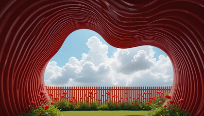 Abstract red structure framing a vibrant garden under a cloudy sky, copy space