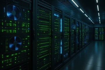 Fototapeta premium State-of-the-art data center operations with high-performance network servers running at maximum efficiency for cloud computing services