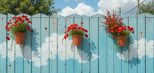 Blue wooden fence with potted red flowers and painted clouds under a sunny sky, copy space
