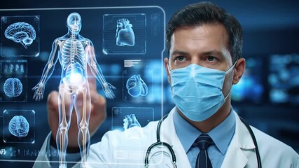 Masked Doctor Analyzing Medical Data on Transparent Screen with Human Body Scan and Organs. Healthcare Tech Concept. - Powered by Adobe