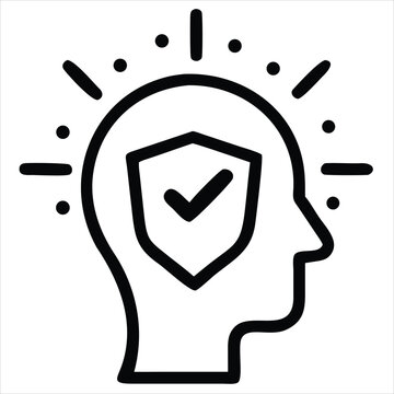 An icon representing mental security and protection with a shield and checkmark inside a human head silhouette symbolizing safety and well-being. Perfect for use in mental health apps, therapy website
