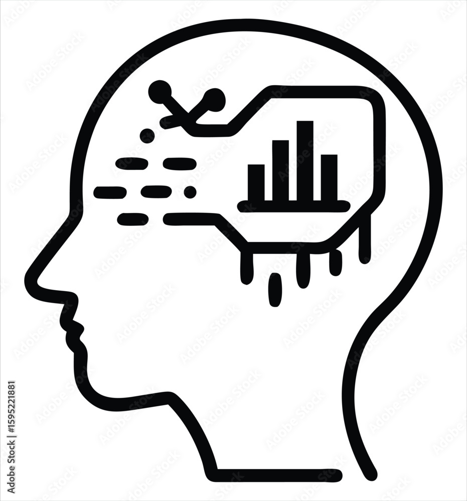 Aufkleber Artificial intelligence and data analysis concept icon representing smart technology and cognitive processing within a human head outline. Ideal for use in tech branding, AI platforms machine learning
