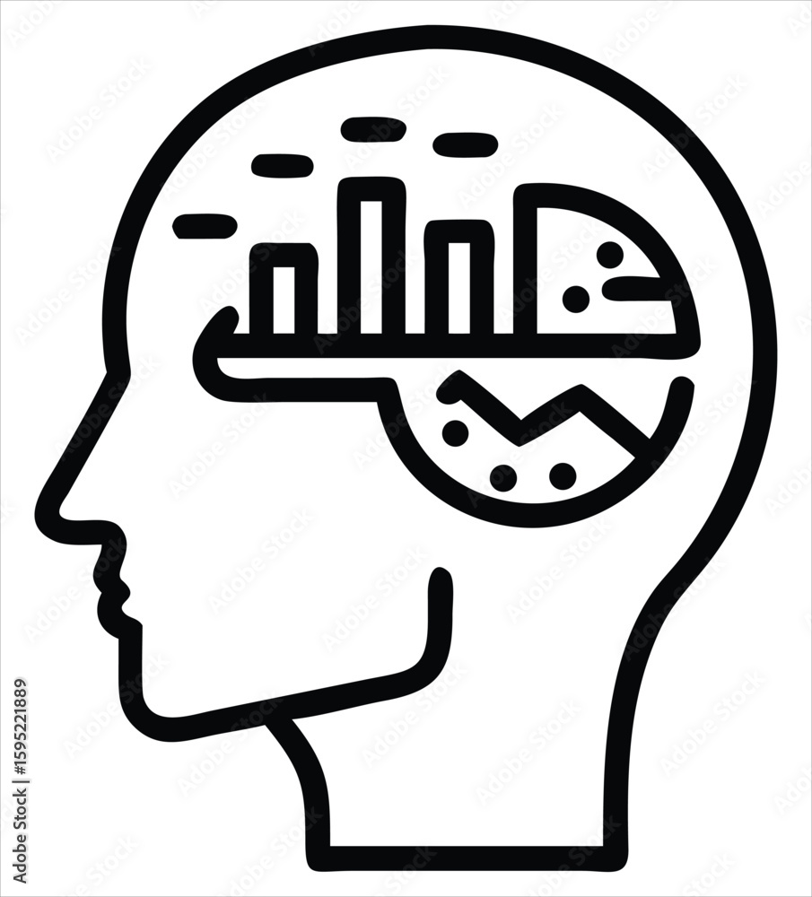 Poster abstract representation of data analysis and cognitive processes within a human head outline. perfec