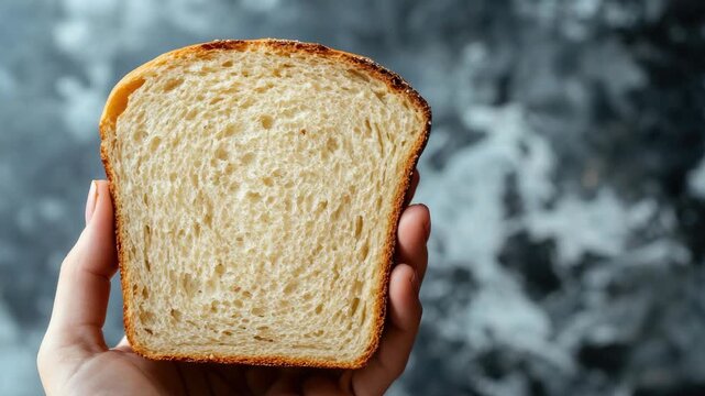 Person holding slice of white bread against textured background