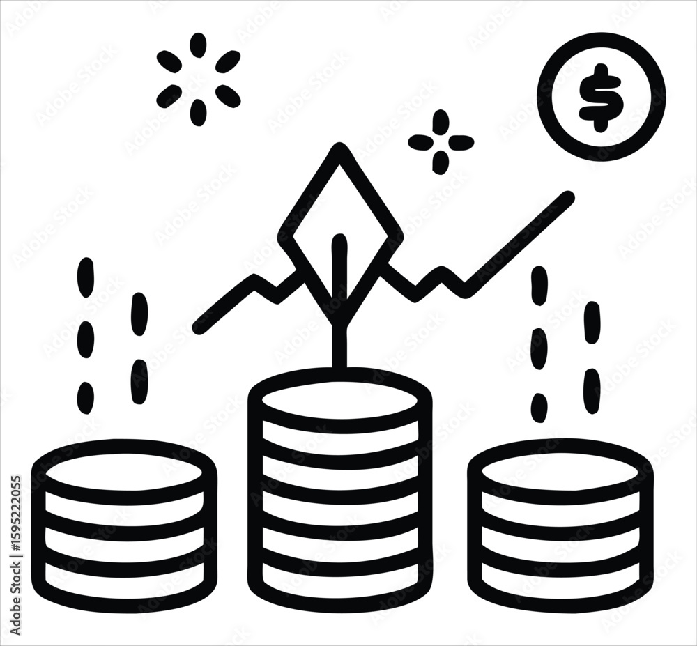 Poster visualizing financial growth and investment success with a stylized upward-trending graph and stacke