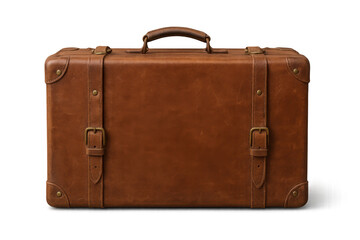 Vintage brown leather suitcase standing closed against transparent background, evoking nostalgic travel memories and wanderlust