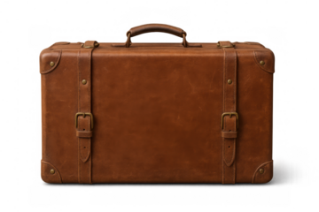 Vintage brown leather suitcase standing closed against transparent background, evoking nostalgic travel memories and wanderlust