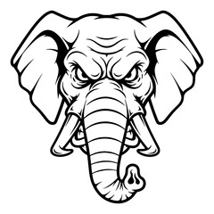 Detailed Black and White Graphic of an Angry Elephant Head