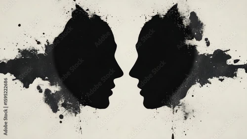 Poster abstract inkblot resembling two faces in profile monochrome design with symmetrical patterns