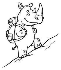 Cartoon Rhino Hiker Line Art Illustration