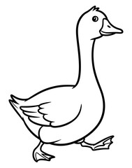 Cartoon Illustration of a Goose Walking, Black and White Outline