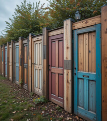Row of colorful wooden doors in a garden setting with autumn leaves, copy space