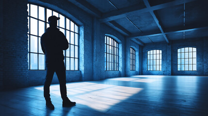Fototapeta premium Worker Reflects in a Spacious and Empty Textile Facility Filled With Natural Light During the Day