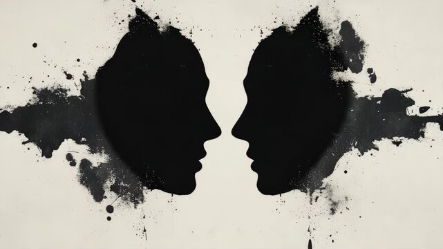 Abstract inkblot resembling two faces in profile Monochrome design with symmetrical patterns