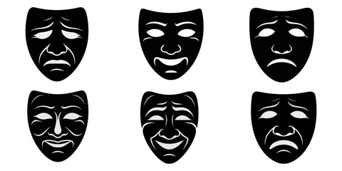 Theatre mask silhouette set, Theatre mask vector icon set. Masquerade vector icons. Comic and tragic mask icons. Theatrical masks. Comic and tragic mask set. Vector, Comic and tragic mask set. Eps 10.