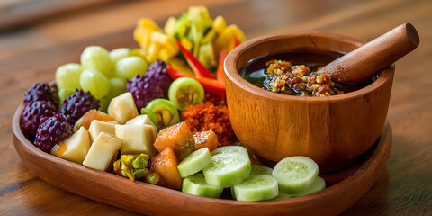 Rujak is a traditional street food snack featuring a delightful mix of fresh fruits. This delicious rujak is expertly prepared by crushing various fruits in a wooden mortar for a unique flavor