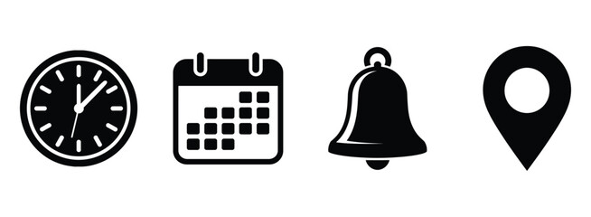 Set of Time, Calendar, Bell, and Location Black Icons