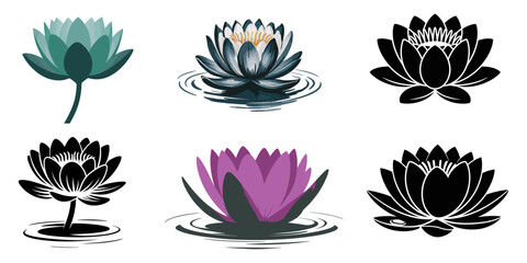 Set of silhouettes of lotus flowers. Vector illustration, Lotus flower various design silhouette black vector art design set, Set of solid purple lotus flower icons for wellness and branding, Abstract