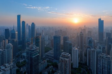 Obraz premium Majestic city skyline at sunrise with towering skyscrapers and golden sun illuminating the urban landscape